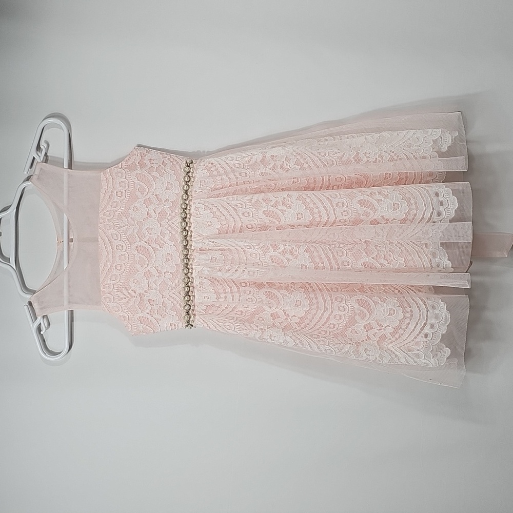 Rare Editions Girls Pink Lace Formal Dress Size 8 Sleeveless Embellished Sheer